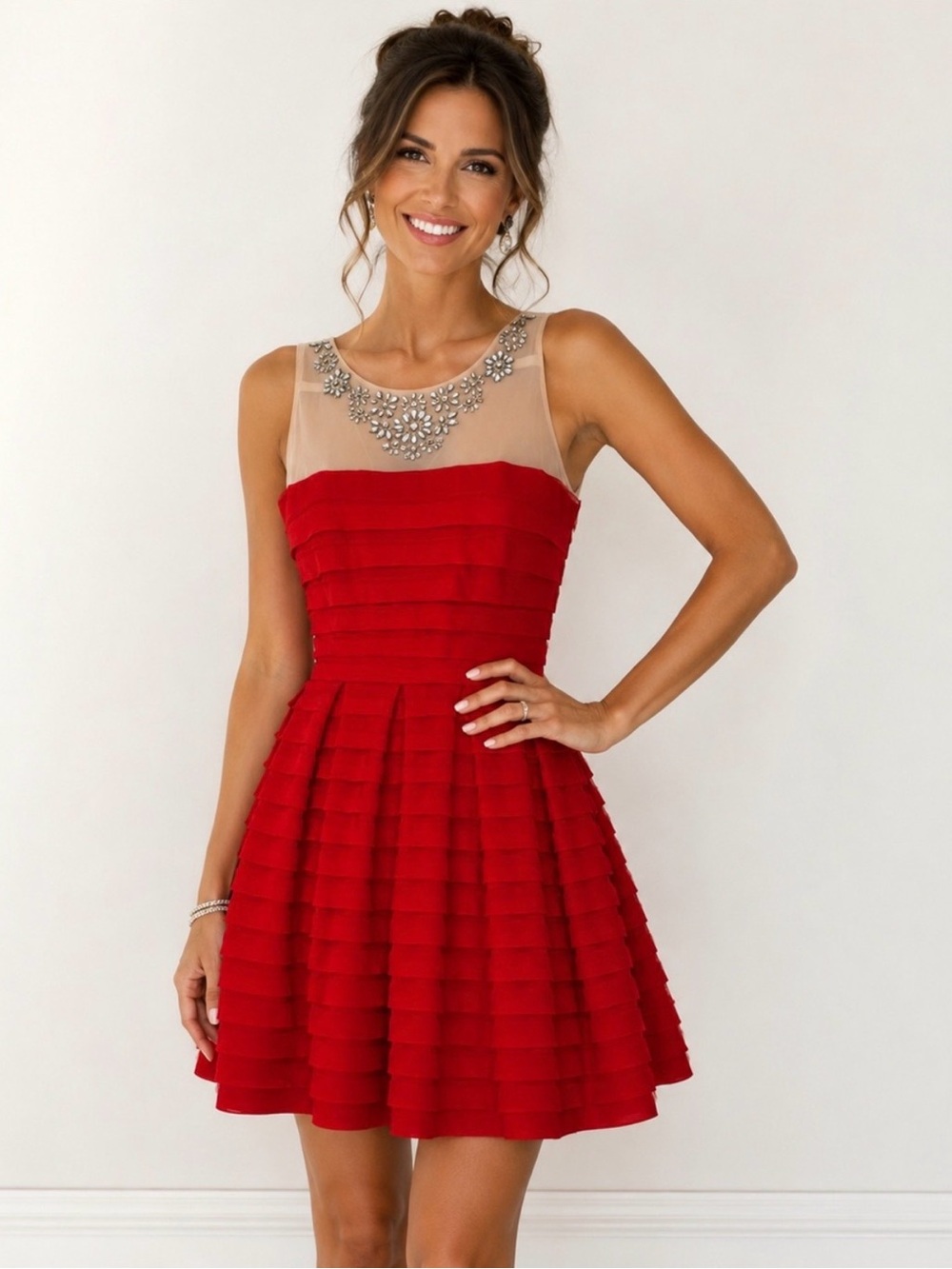 BCBGMaxAzria Red Tiered Cocktail Dress with Sheer Jeweled Yoke Size Medium